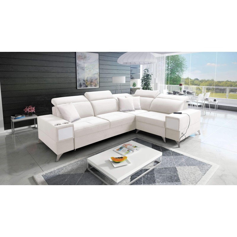 Porto II corner sofa with sleeping function, pull-out drawer, USB port - Velvet | Hydrophobic, Casablanca 2301