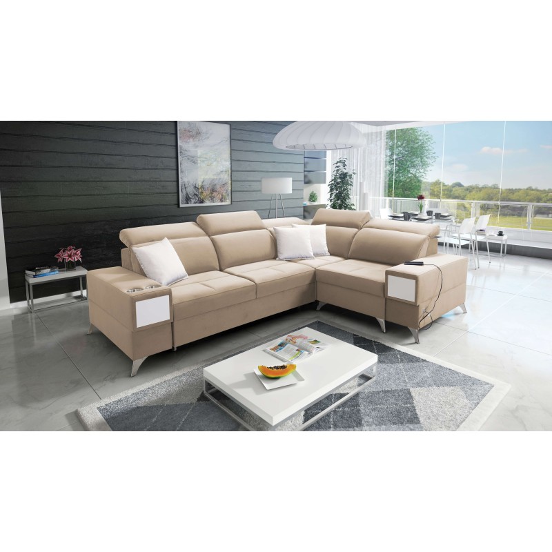 Porto II corner sofa with sleeping function, pull-out drawer, USB port - Velvet | Hydrophobic, Casablanca 2304