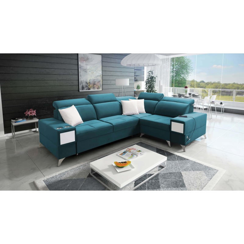 Porto II corner sofa with sleeping function, pull-out drawer, USB port - Velvet | Hydrophobic, Casablanca 2313