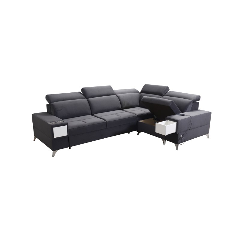 Ecksofa Porto II mit Schlaffunktion, ausziehbare Schublade, USB-Anschluss - Velours | Hydrophob, Casablanca 2313