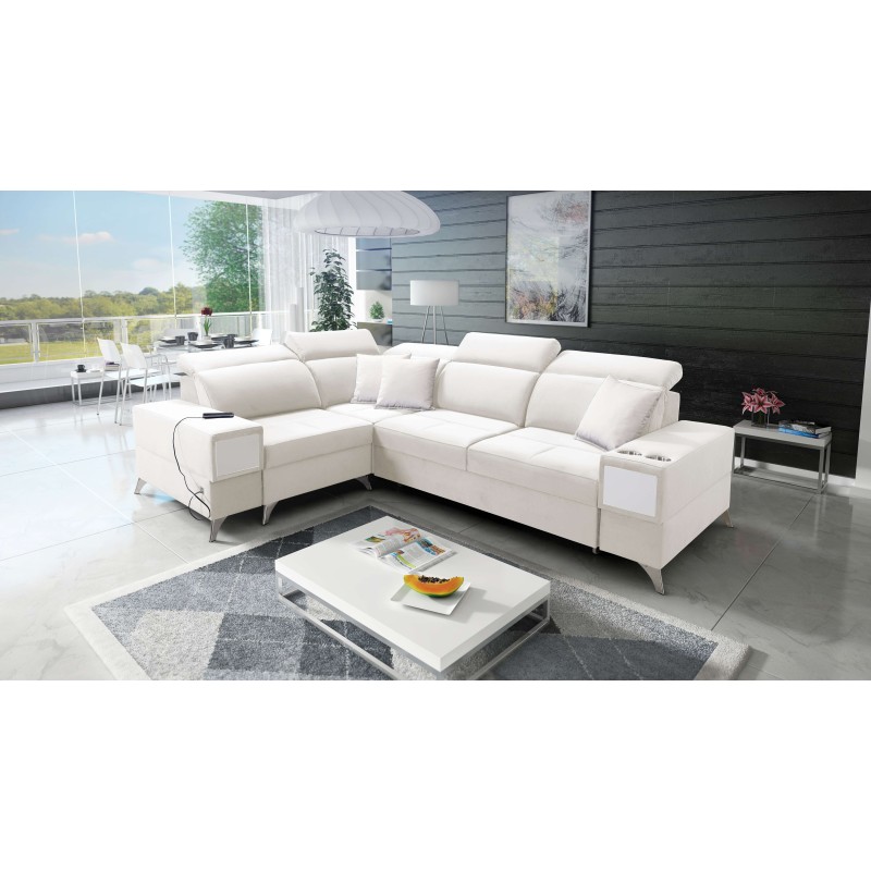 Ecksofa Porto II mit Schlaffunktion, ausziehbare Schublade, USB-Anschluss - Velours | Hydrophob, Casablanca 2301