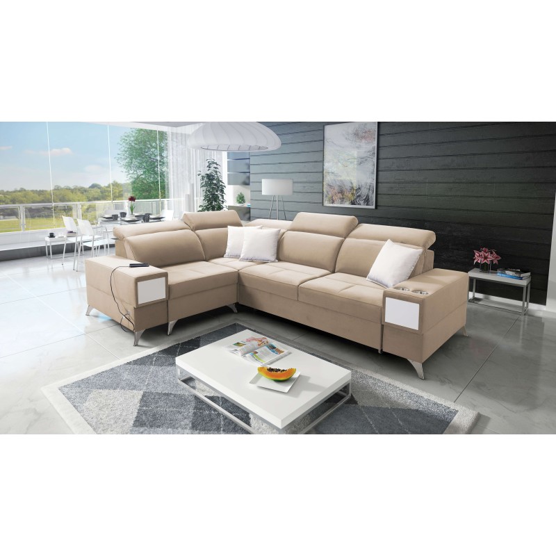 Ecksofa Porto II mit Schlaffunktion, ausziehbare Schublade, USB-Anschluss - Velours | Hydrophob, Casablanca 2304