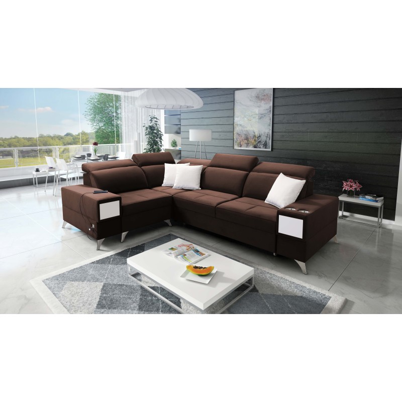Porto II corner sofa with sleeping function, pull-out drawer, USB port - Velvet | Hydrophobic, Casablanca 2307