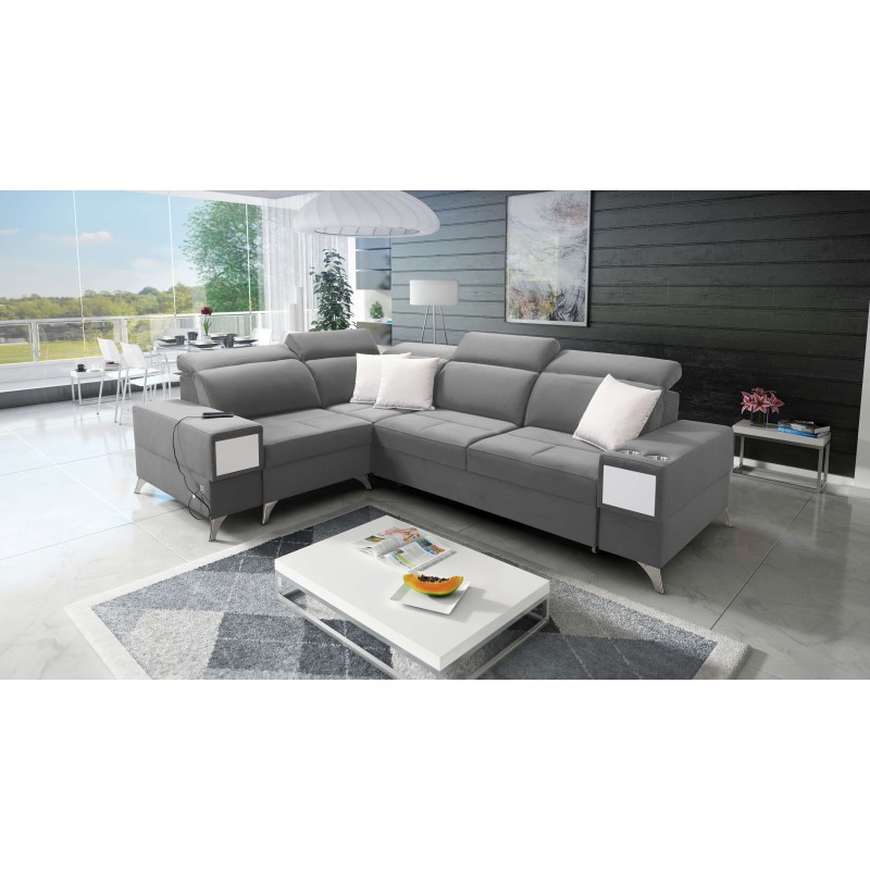 Ecksofa Porto II mit Schlaffunktion, ausziehbarer Schublade, USB-Anschluss - Velours | Wasserabweisend, Casablanca 2314
