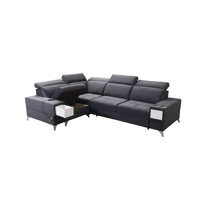 Porto II corner sofa with sleeping function, pull-out drawer, USB port - Velvet | Hydrophobic, Casablanca 2316