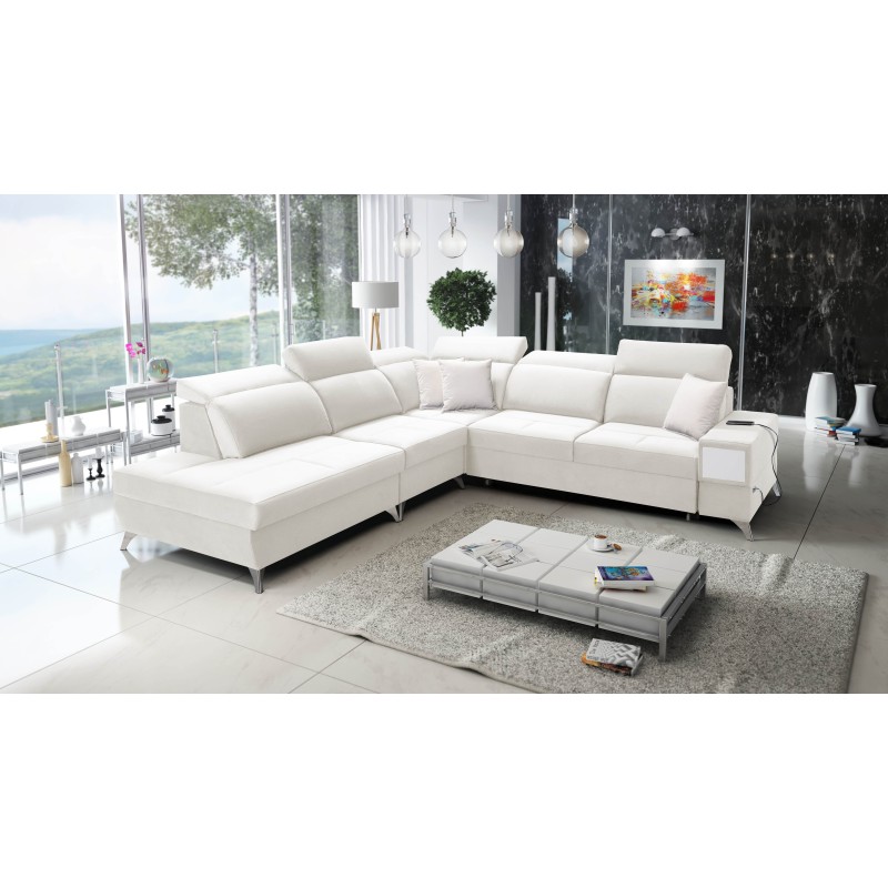 Sofá esquinero Porto IX con función de cama | Terciopelo | Hidrofóbico, Casablanca 2301 | Reposacabezas ajustables | Puerto USB