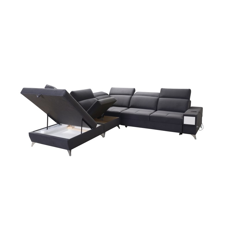 Ecksofa Porto IX mit Schlaffunktion | Velours | Hydrophob, Casablanca 2307 | Verstellbare Kopfstützen | USB-Anschluss
