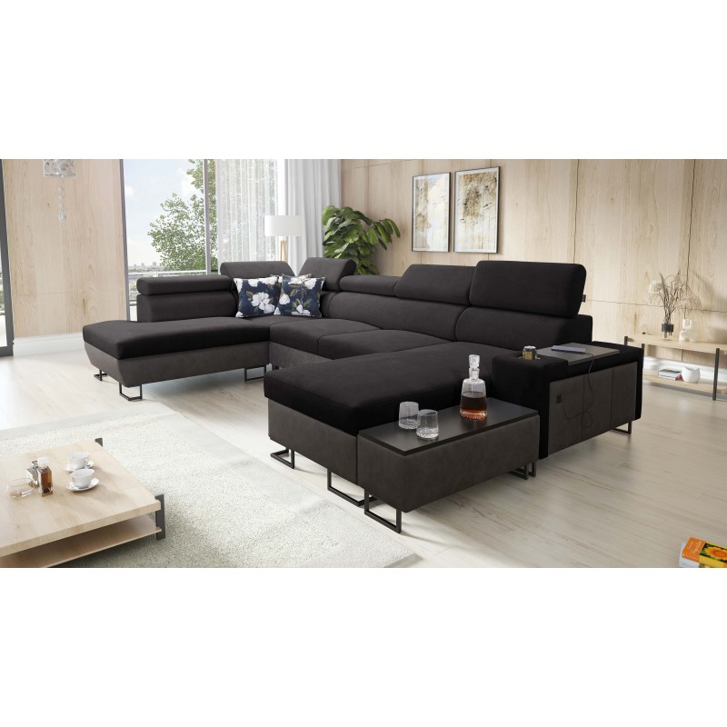 Esquina en forma de U Prestige VI con función de cama, Suave al tacto, Freya 210.25 + Tauro 8207, puerto USB - Lujo en tu salón