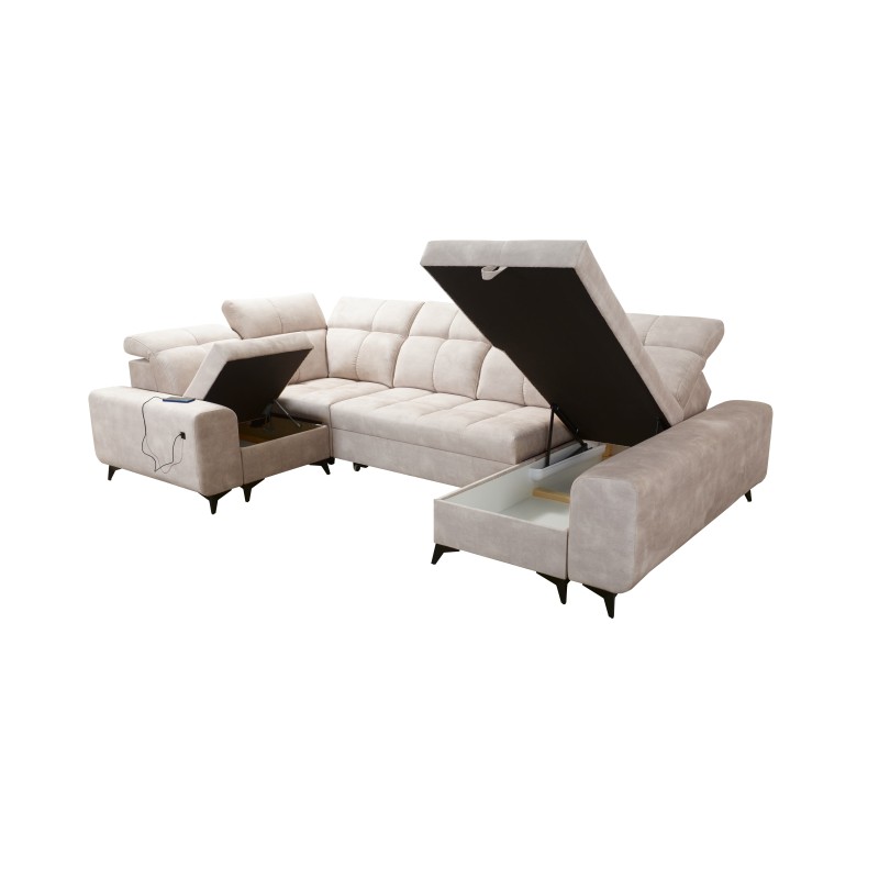 Ascot IV corner sofa with sleeping function, USB port, and adjustable headrests - Velvet, Wave 15