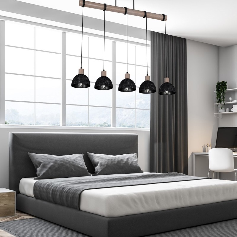 Lámpara colgante ERIK Sawn black/Madera patinada 5XE27