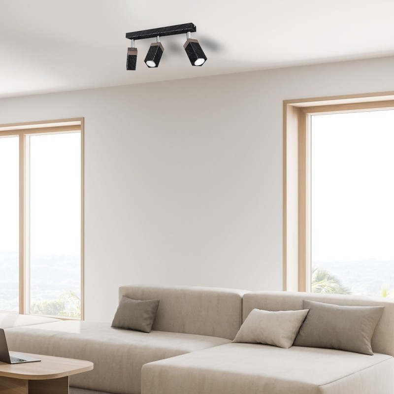 Ceiling lamp SOLO SAWN BLACK / PATINATED WOOD 3x mini GU10