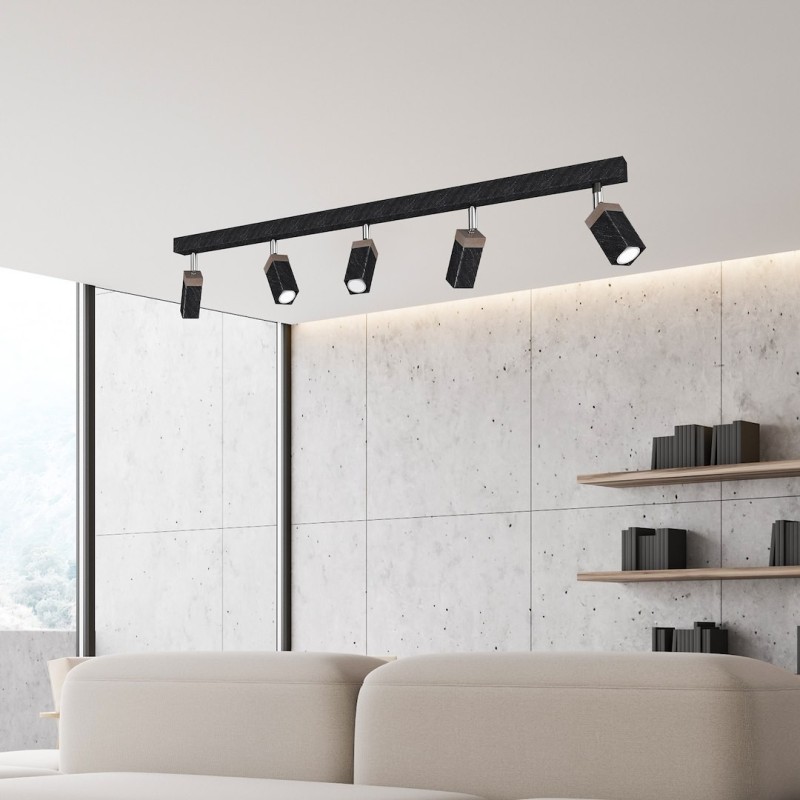 Ceiling lamp SOLO SAWN BLACK / PATINATED WOOD 5x mini GU10
