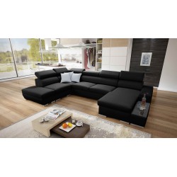 U-förmiges Ecksofa Napoli VI mit Schlaffunktion und Bar - Flechtstoff, Sawana 14 + Kunstleder