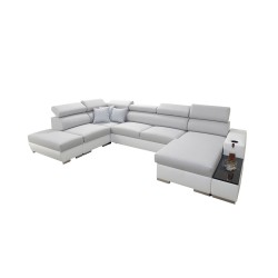 Sofá esquinero en forma de U Napoli VI con función de cama y bar - Tejido, Sawana 72 + Eco-cuero + Eco-cuero.