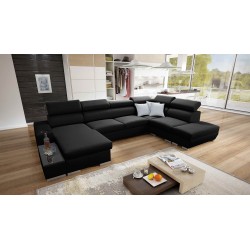 U-förmiges Ecksofa Napoli VI mit Schlaffunktion und Bar - Flechtstoff, Sawana 14 + Kunstleder