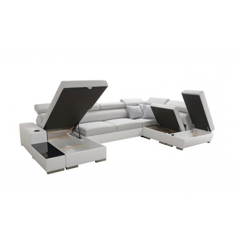 U-shaped corner sofa Napoli VI with sleeping function and bar - Woven, Sawana 14 + Eco-leather + Eco-leather