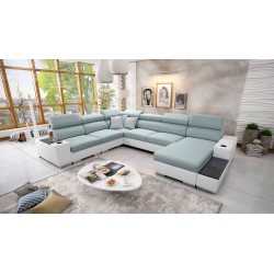 U-förmiges Sofa Napoli VIII mit Schlaffunktion – Webstoff, Sawana 72 + Kunstleder + Kunstleder