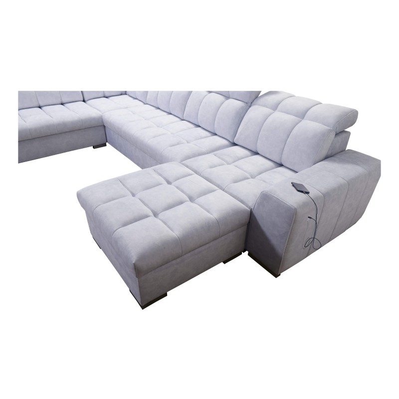 U-shaped sofa Prisma VI with a sleeping function, USB port, and storage - Velvet | Pet friendly, Terra 80 + Black Eco-leather