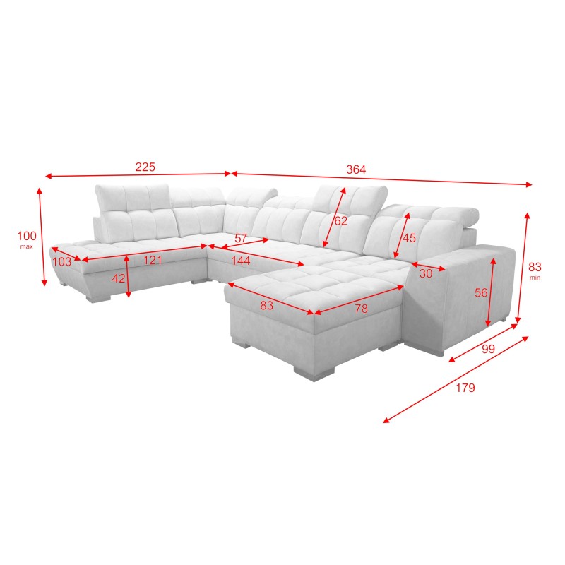 U-shaped sofa Prisma VI with a sleeping function, USB port, and storage - Velvet | Pet friendly, Terra 80 + Black Eco-leather