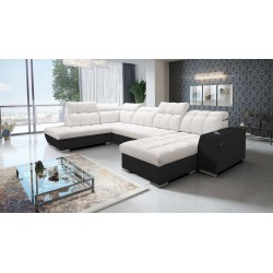 U-förmiges Sofa Prisma VI mit Schlaffunktion, USB-Anschluss und Stauraum - Samt | Tierfreundlich, Terra 06 + Schwarzes Kunstlede