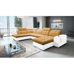 U-förmiges Sofa Prisma VI mit Schlaffunktion, USB-Anschluss und Stauraum - Samt | Haustierfreundlich, Terra 48 + Ökoleder
