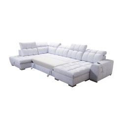 U-förmiges Sofa Prisma VI mit Schlaffunktion, USB-Anschluss und Stauraum - Samt | Haustierfreundlich, Terra 48 + Ökoleder