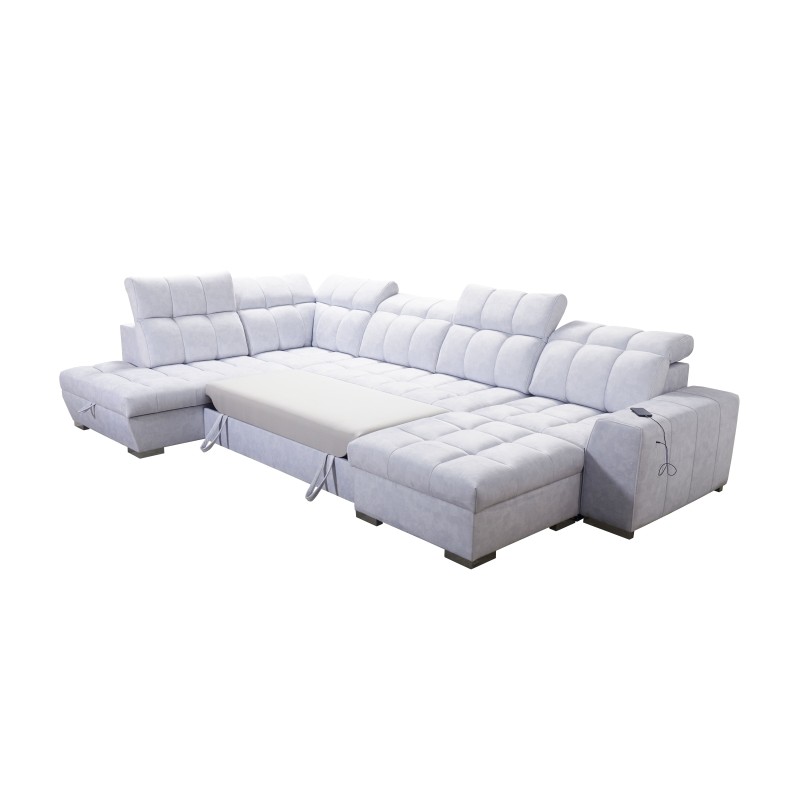 Prisma VI U-shaped corner sofa with sleeping function, USB port, and storage - Velvet | Pet friendly, Terra 79 + Black Eco-leath