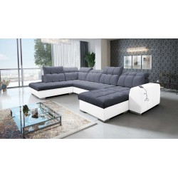 U-shaped Prisma VI sectional sofa with a sleeping function, USB port, and storage - Velvet | Pet friendly, Terra 96 + Eco-leathe