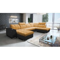 U-förmiges Ecksofa Prisma VI mit Schlaffunktion, USB-Anschluss und Stauraum - Samt | Haustierfreundlich, Terra 48 + Schwarzes Ku