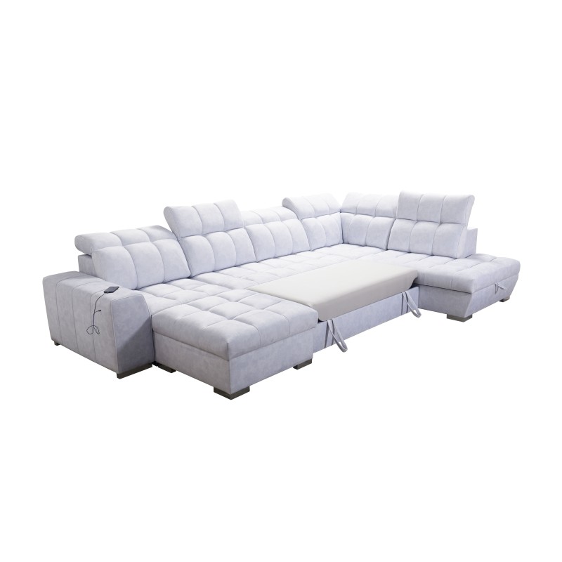 Prisma VI U-shaped corner sofa with sleeping function, USB port, and storage - Velvet | Pet friendly, Terra 79 + Black Eco-leath