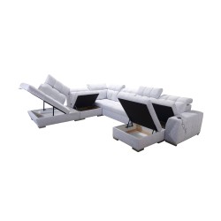 Prisma X corner sofa with sleeping function, USB port, and bedding storage - Velvet | Pet friendly, Terra 26 + Black Eco-leather