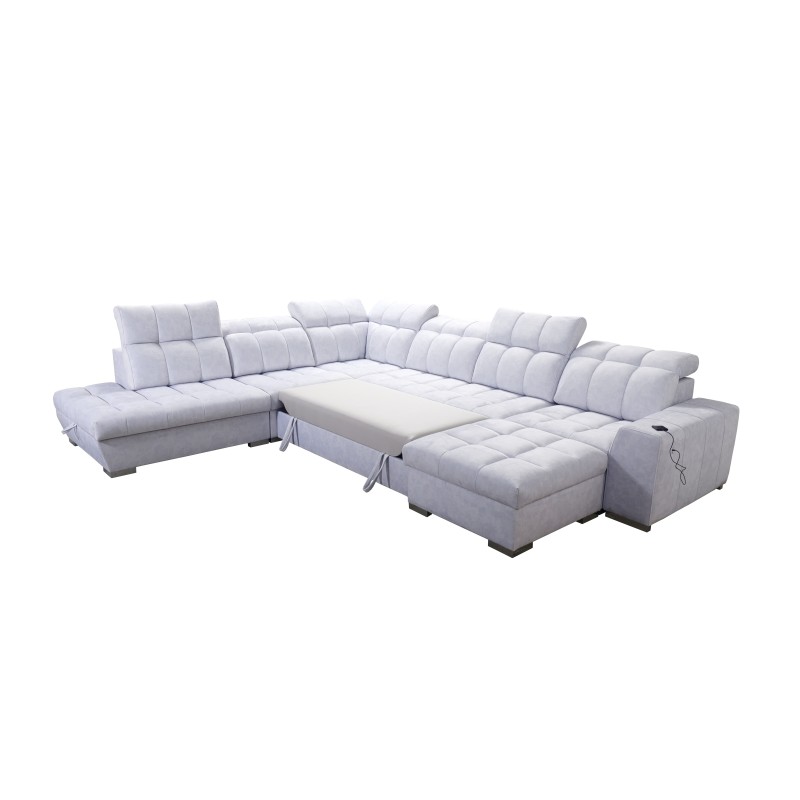 Ecksofa Prisma X mit Schlaffunktion, USB-Anschluss und Bettkasten - Samt | Haustierfreundlich, Terra 96 + Schwarzes Kunstleder