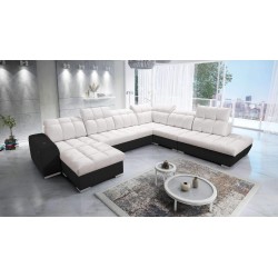 Prisma X Ecksofa mit Schlaffunktion, USB-Anschluss und Bettkasten - Samt | Tierfreundlich, Terra 06 + Schwarzes Ökoleder