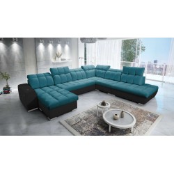 Prisma X corner sofa with sleeping function, USB port, and storage for bedding - Velvet | Pet friendly, Terra 75 + Black Eco-lea