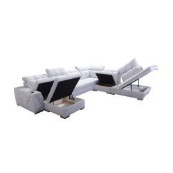 Prisma X Ecksofa mit Schlaffunktion, USB-Anschluss und Bettkasten - Samt | Haustierfreundlich, Terra 76 + Schwarzes Kunstleder