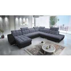 Ecksofa Prisma X mit Schlaffunktion, USB-Anschluss und Bettkasten - Samt | Haustierfreundlich, Terra 96 + Schwarzes Kunstleder