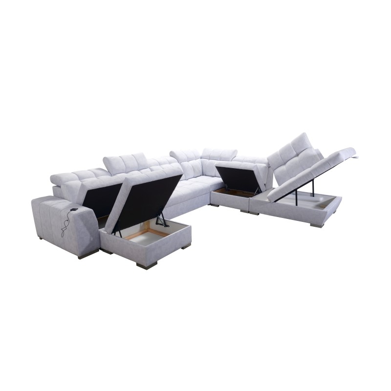 Prisma X corner sofa with sleeping function, USB port, and storage for bedding - Velvet | Pet friendly, Terra 99 + Black eco-lea