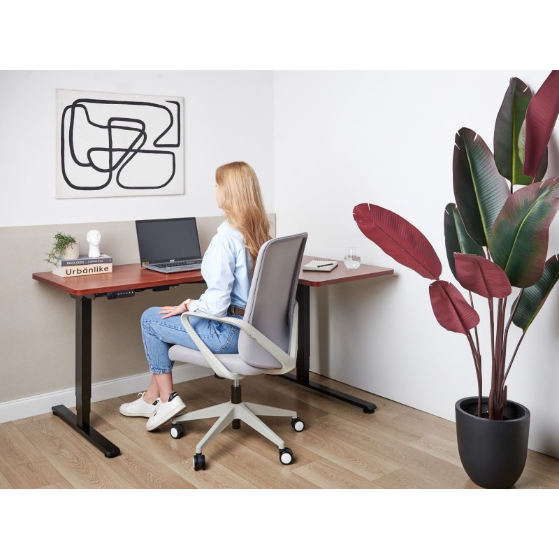 Biurko narożne prawe regulowane elektrycznie 160 x 59 cm ciemne drewno z czarnym DESTINES