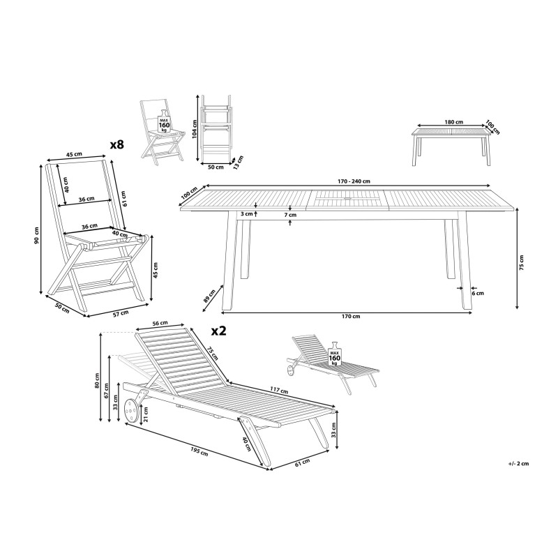 Zestaw ogrodowy z leżakami dla 8 osób CESANA Drewno akacjowe Jasnobrązowy