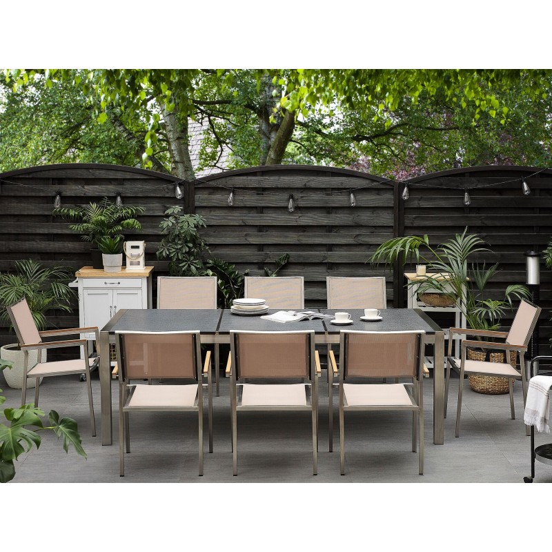 Zestaw ogrodowy dla 8 osób GROSSETO Blat dzielony Granit Płomieniowany Czarny/ beżowy