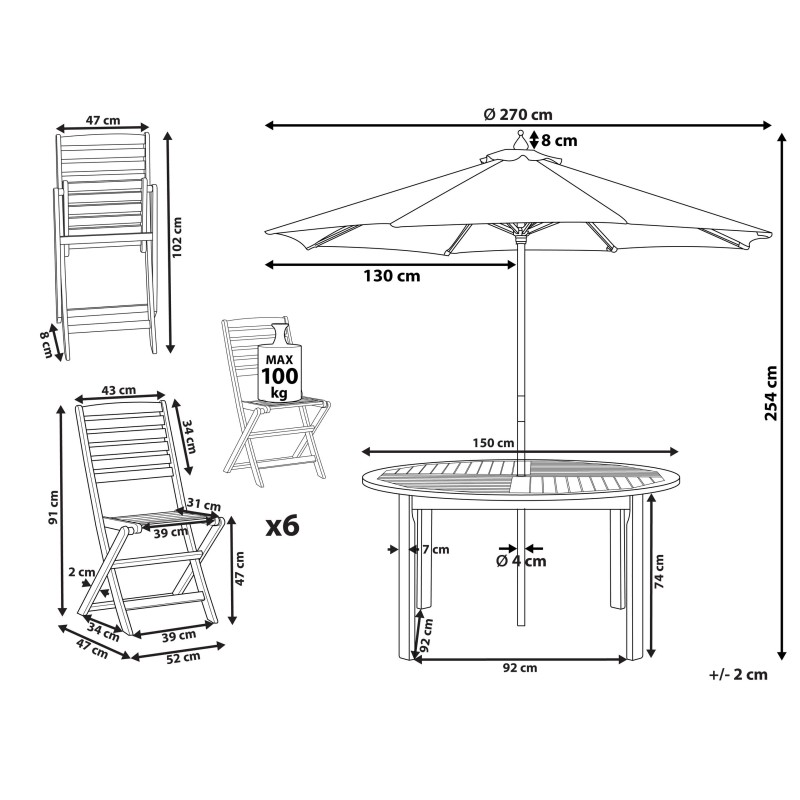 Zestaw ogrodowy dla 6 osób TOLVE z parasolem (12 opcji do wyboru) Drewno akacjowe Brązowy