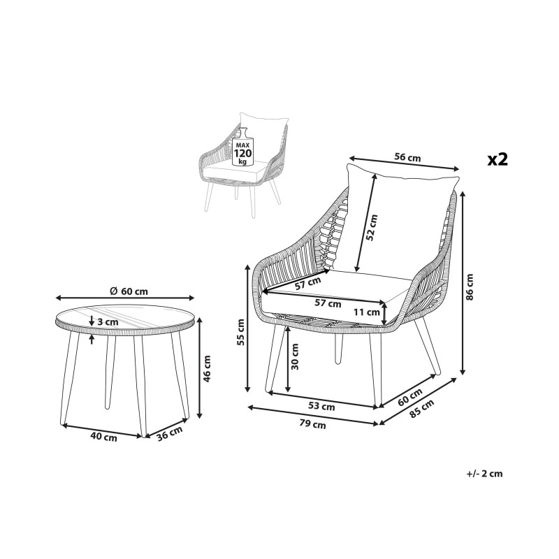 Zestaw mebli balkonowych z poduszkami LAURETO Technorattan Szary