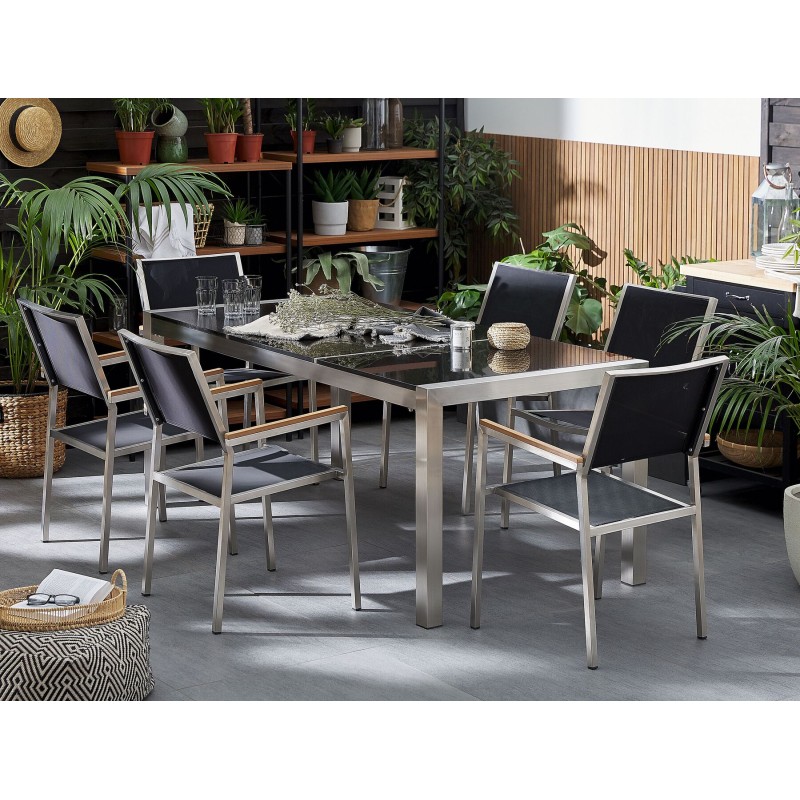 Zestaw ogrodowy dla 6 osób GROSSETO Blat dzielony Granit Płomieniowany Czarny