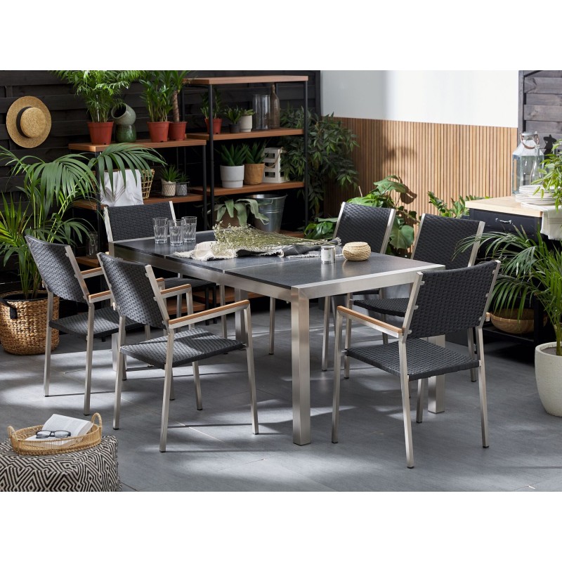 Zestaw ogrodowy dla 6 osób GROSSETO Blat dzielony Bazalt Płomieniowany Czarny