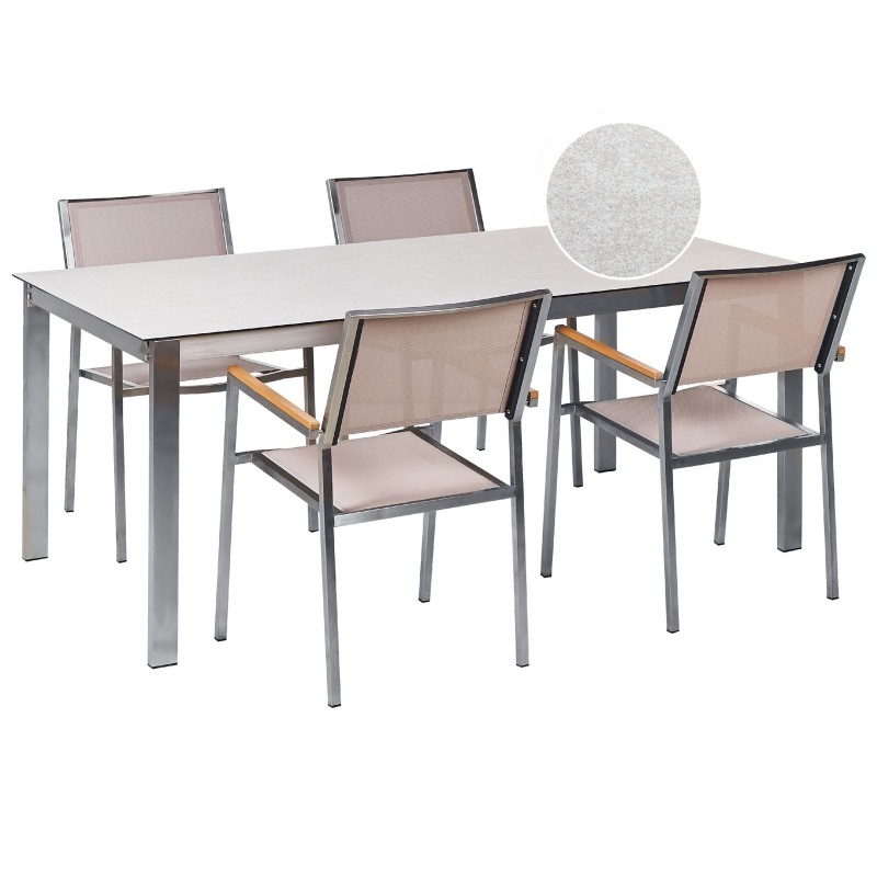 Zestaw ogrodowy dla 4 osób COSOLETO/GROSSETO Szkło hartowane Efekt marmuru Biały/ beżowy