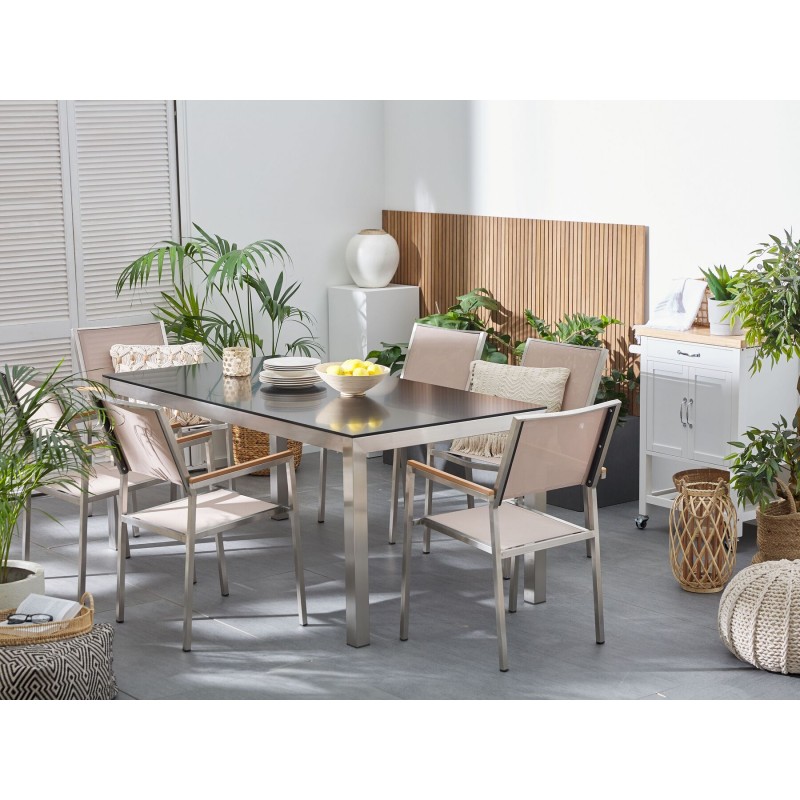 Zestaw ogrodowy dla 6 osób GROSSETO Szkło hartowane Czarny/ beżowy