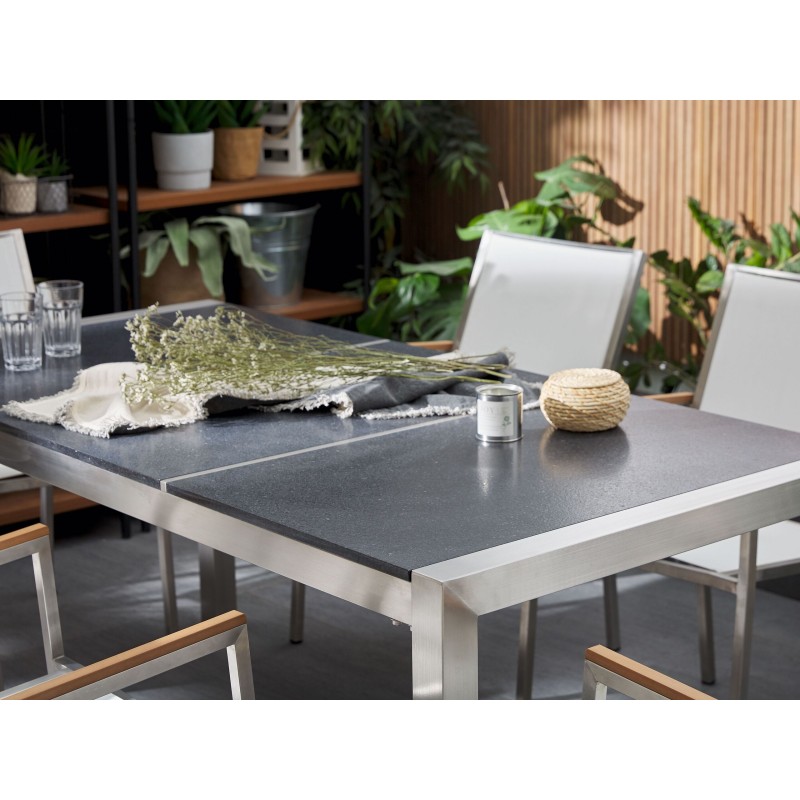 Zestaw ogrodowy dla 6 osób GROSSETO Blat dzielony Bazalt Płomieniowany Czarny/ biały