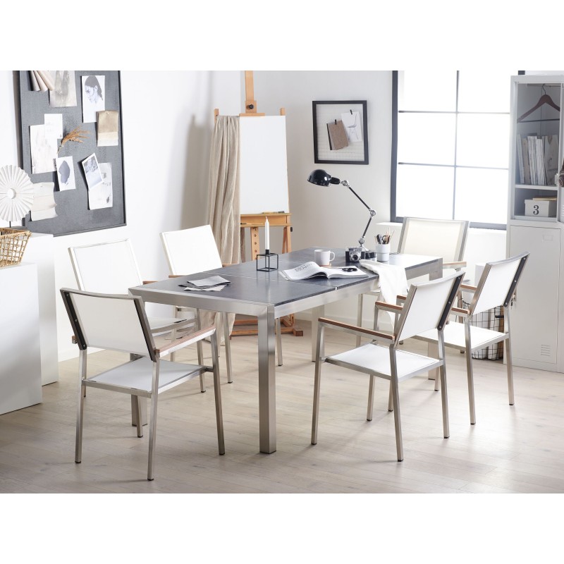 Zestaw ogrodowy dla 6 osób GROSSETO Blat dzielony Bazalt Płomieniowany Czarny/ biały