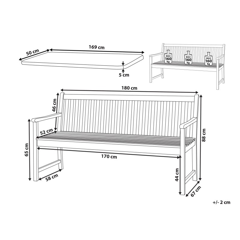 Ławka ogrodowa z poduchą VIVARA 180 cm Certyfikowane drewno akacjowe Bordowy