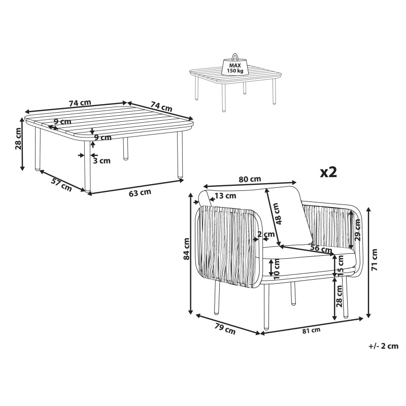 Zestaw ogrodowy ze stolikiem dla 2 osób SENISE Metal Szary